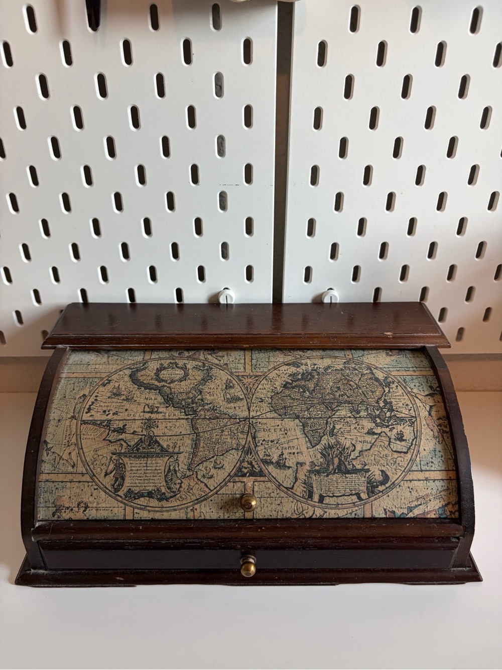 Vintage Wooden Roll Top Desk Organizer Old World Map Valet Box Drawer